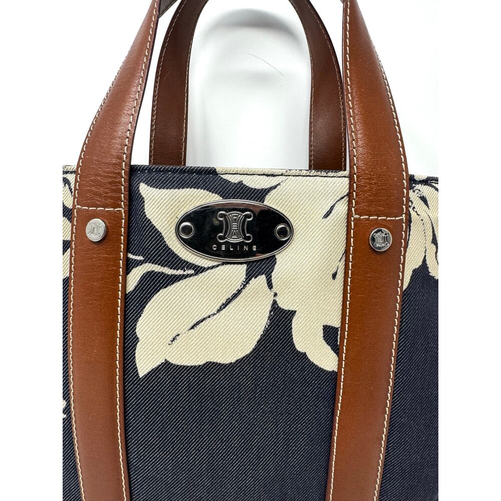 Celine Y2K 2004 hibiscus Blue Print Floral Canvas and Brown Leather bag - Picture 3 of 11